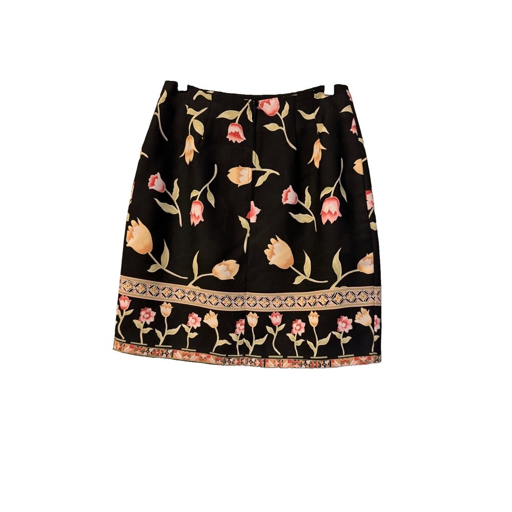 Vtg Hillard Hanson Sz 8 Black Tulip Floral Wrap Skirt Print A-Line Mini USA
